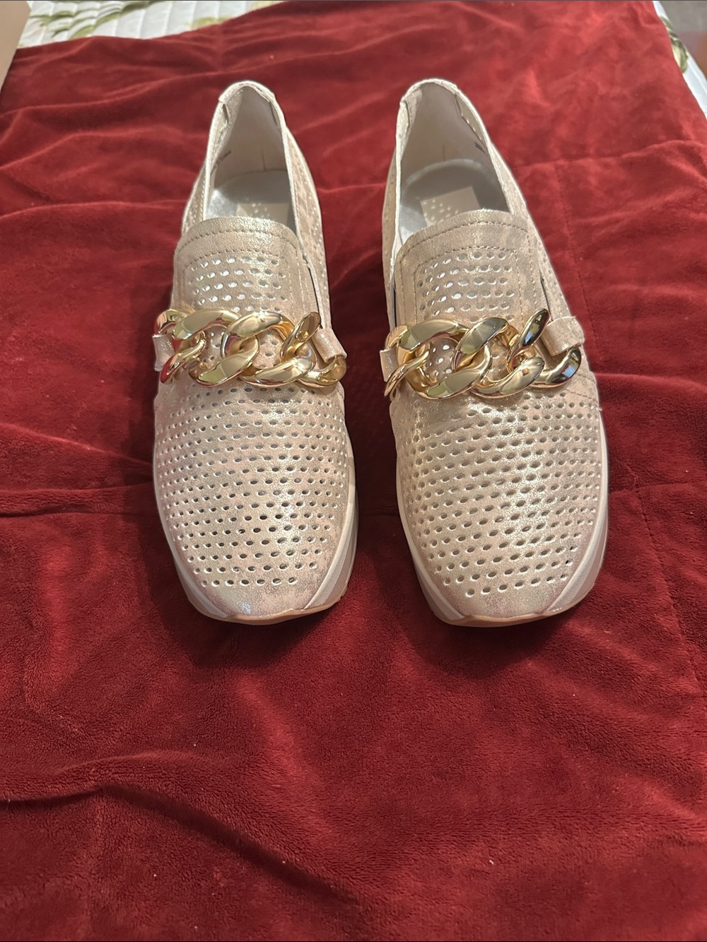 Dolce Vita Nude Perforated Slip-On Wedges with Gold Chain
